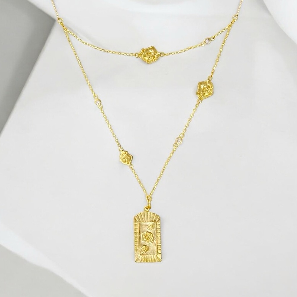 Wanderlust + Co, 18K Gold Filled Over S925 + CZ, “Rose Card” Necklace